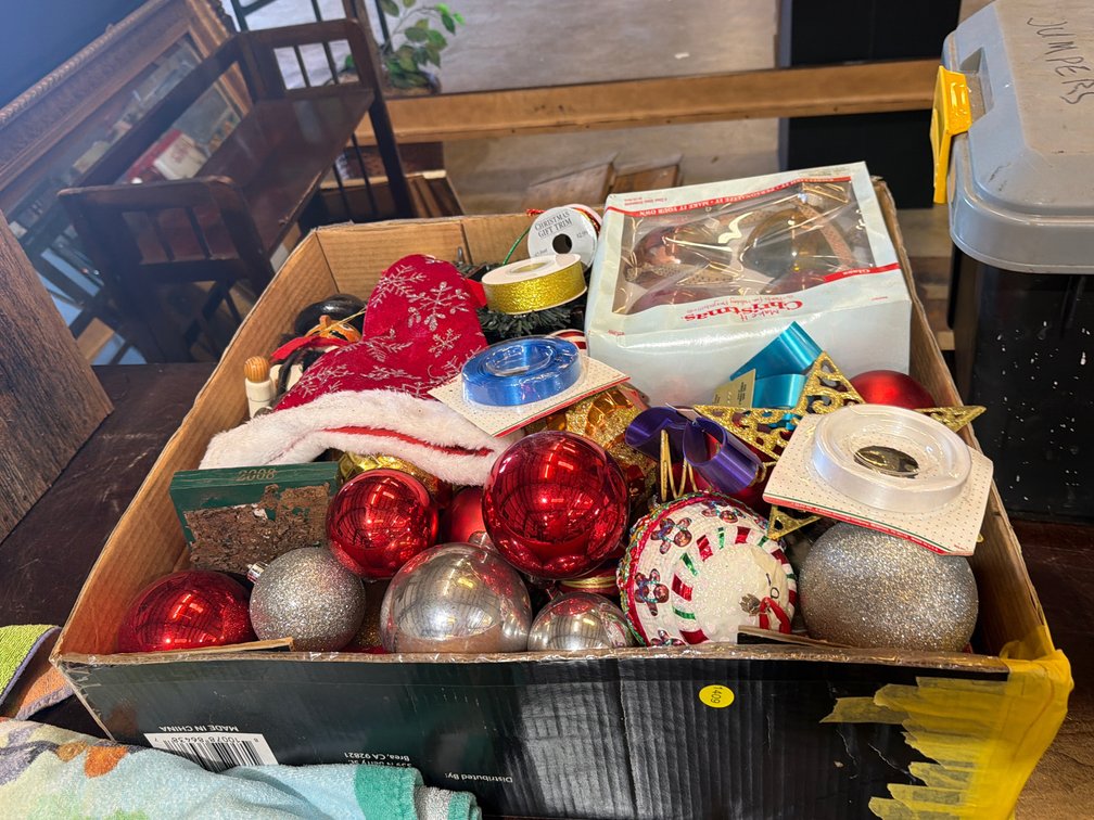 BOX OF CHRISTMAS ORNAMENTS
