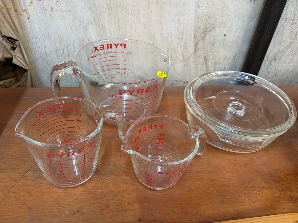PYREX MEASURING CUPS, ANCHOR GLASS LIDDED DISH