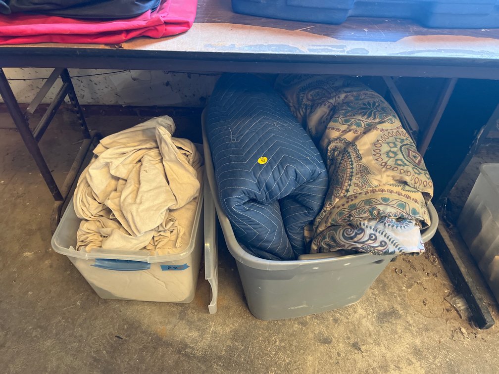 2 TOTES, DROP CLOTHS, MOVING BLANKETS, ETC.