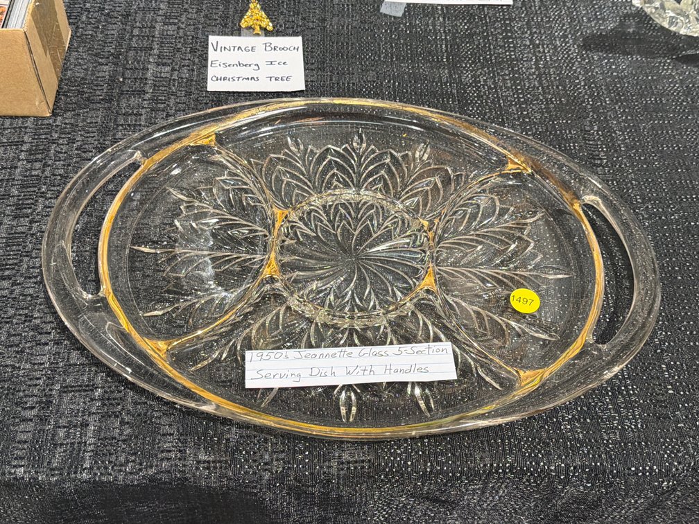 1950S JEANETTE GLASS 5 SECTION SERVING DISH WITH HANDLES