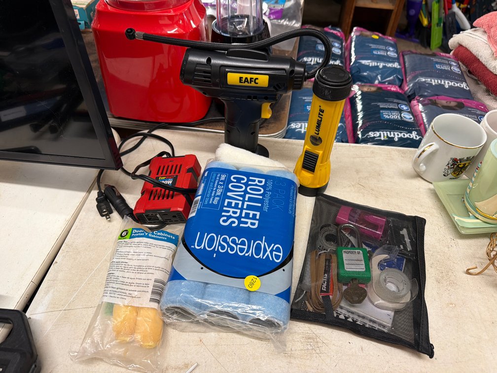 PAINT ROLLERS, FLASHLIGHT, TIRE INFLATOR, ETC.