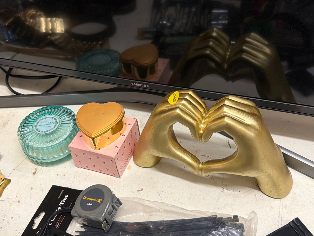 CANDLE, CLOCK PAPERWEIGHT, HEART HANDS FIGURINE