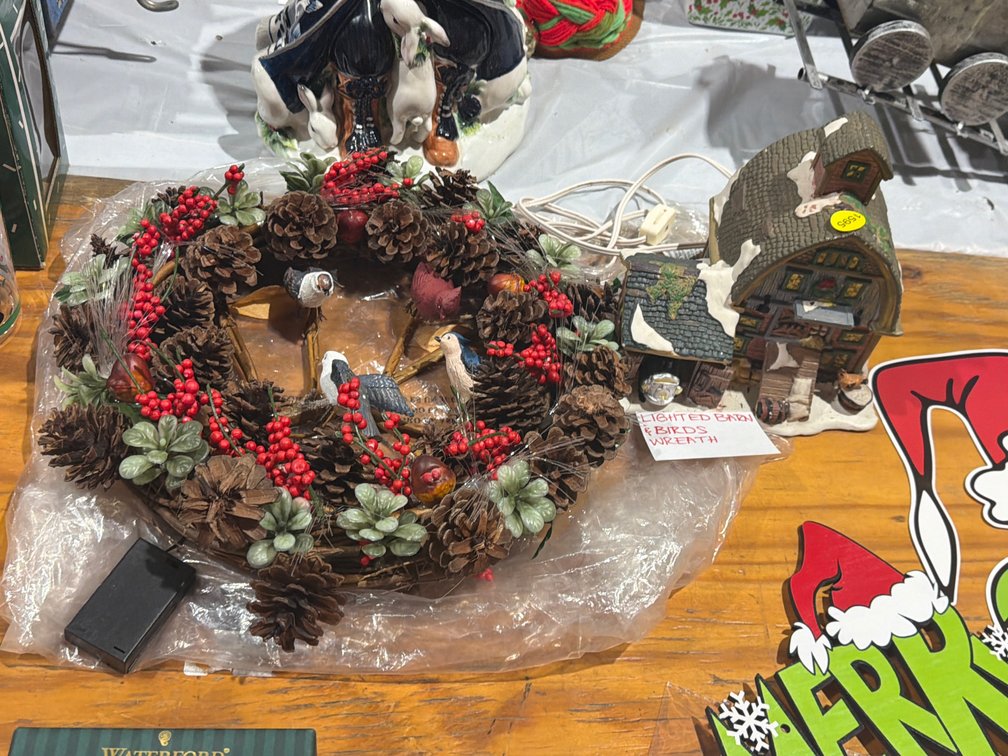 LIGHTED BARN AND BIRD WREATH