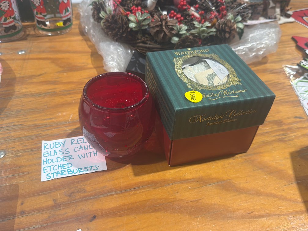 WATERFORD CHRISTMAS ORNAMENT AND RUBY RED CANDLE HOLDER
