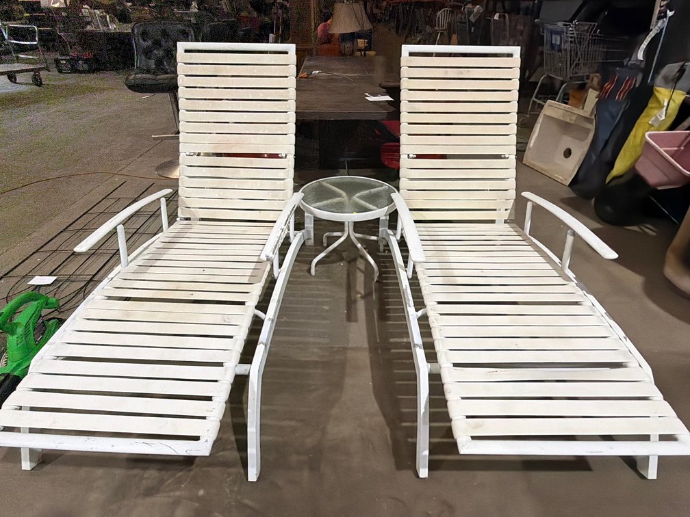 TWO LOUNGE CHAIRS AND SIDE TABLE