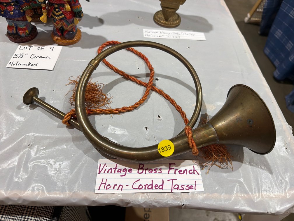 VINTAGE BRASS FRENCH HORN WITH CORDED TASSEL