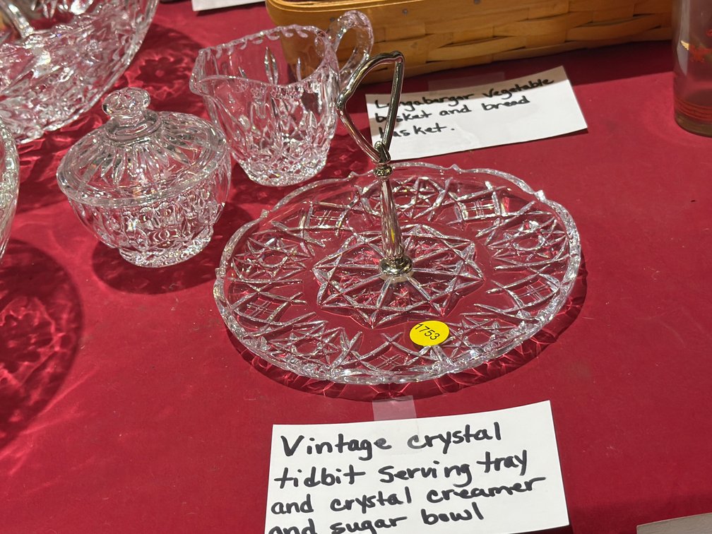 CRYSTAL TIDBIT SERIVING TRAY , CREAM AND SUGAR BOWLS