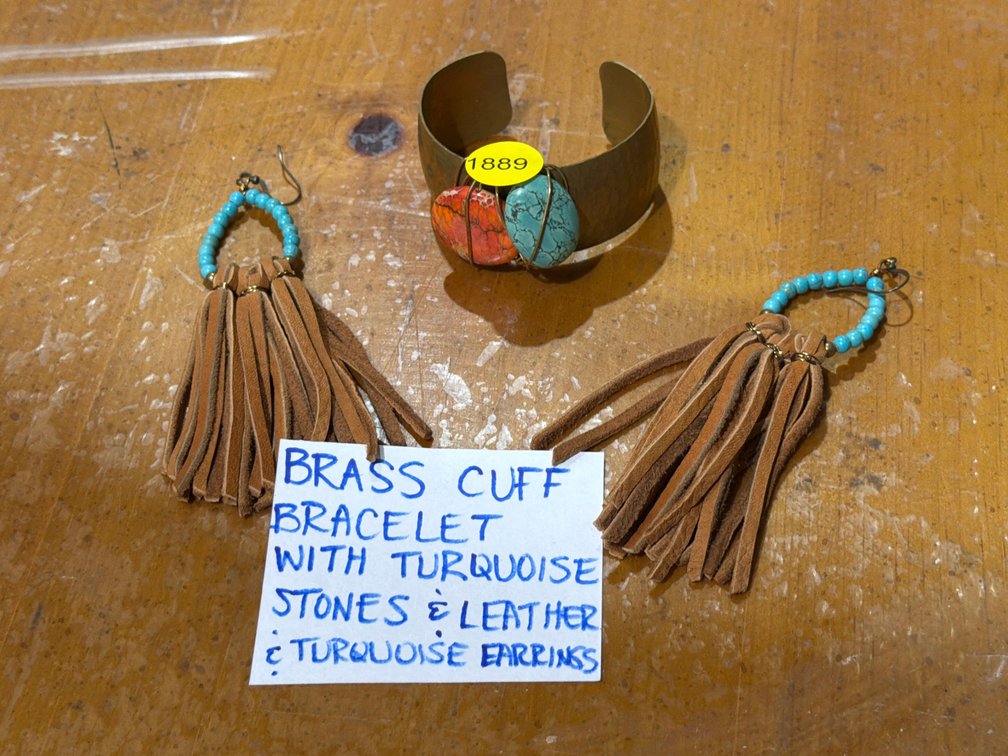 BRASS CUFF BRACELET W/ TURQUOISE STONES & LEATHER & TURQUOISE EARRINGS