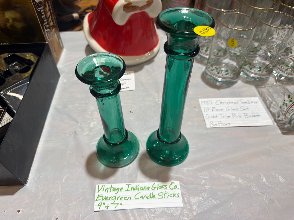VINTAGE INDIANA GLASS CO. EVERGREEN CANDLE STICKS
