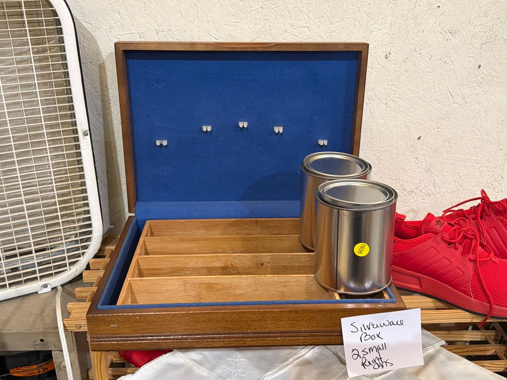 SILVERWARE BOX & (2) SMALL PAINT CANS