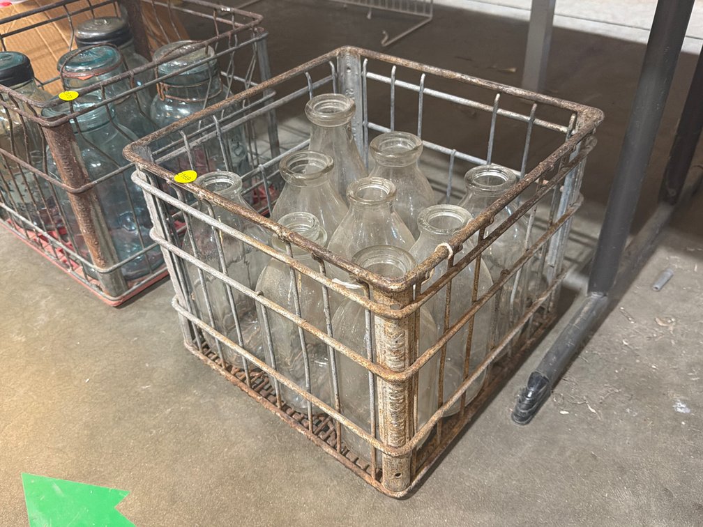 VINTAGE METAL MILK CRATE WITH MILK BOTTLES