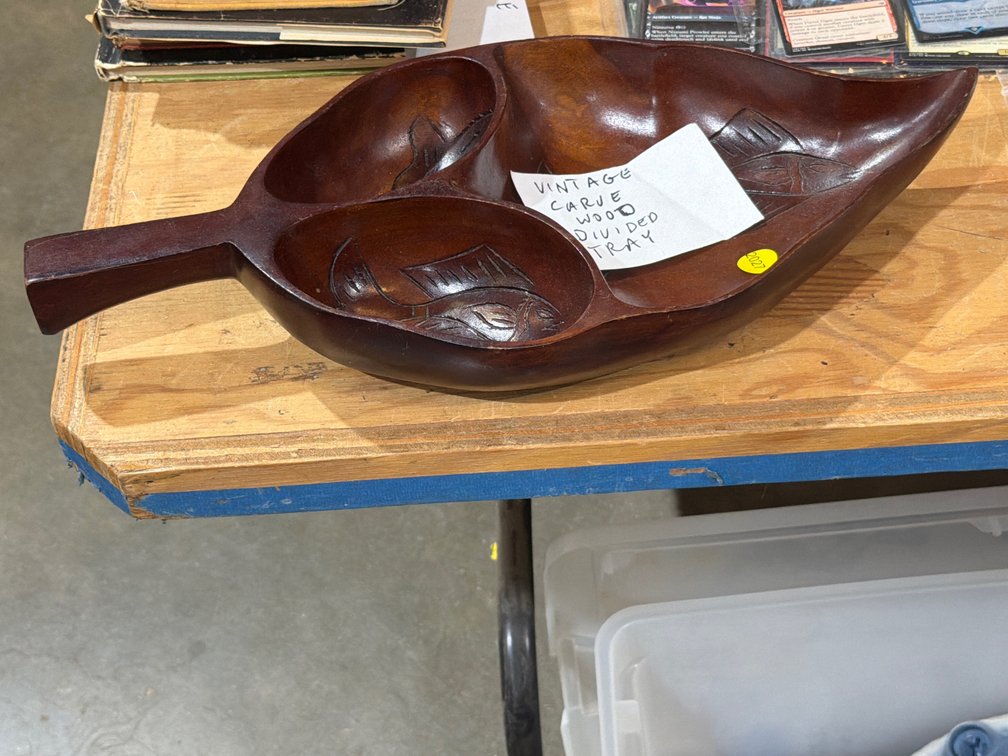 VINTAGE CARVED WOOD DIVIDED BOWL