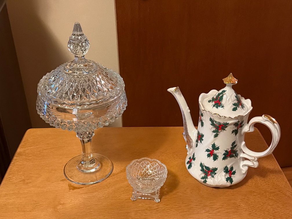 GLASS CANDY DISH, TEA POT , SMALL TRINKET DISH