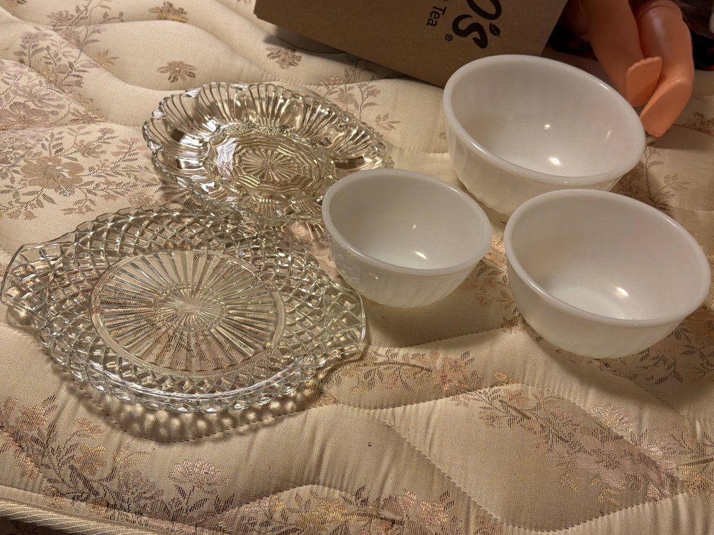 FIRE KING BOWLS , PLATTER , EGG DISH