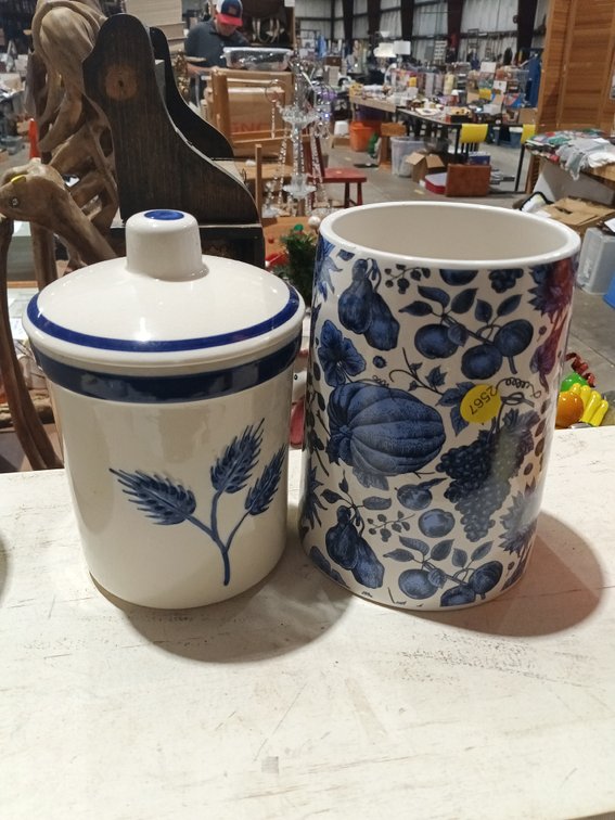 (2) BLUE AND WHITE KITCHEN JARS