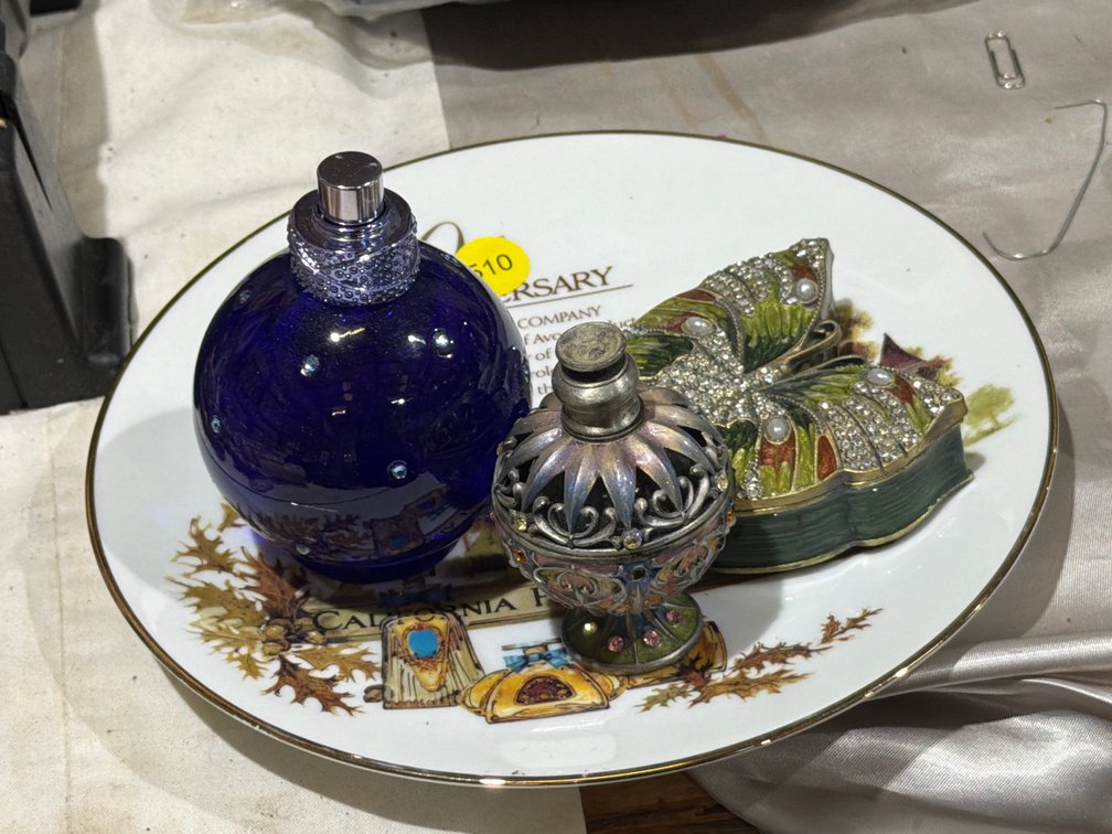 AVON COLLECTOR PLATE , TRINKET BOX ,& PERFUME BOTTLES