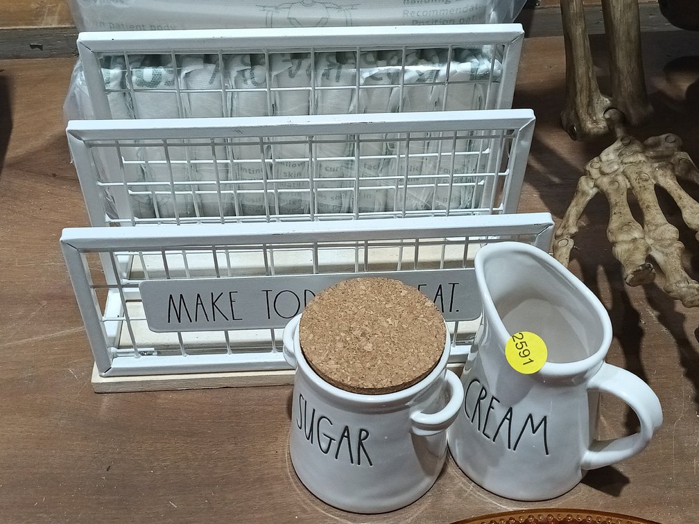 RAE DUNN SUGAR/CREAMER CONTAINERS AND LETTER ORGANIZER