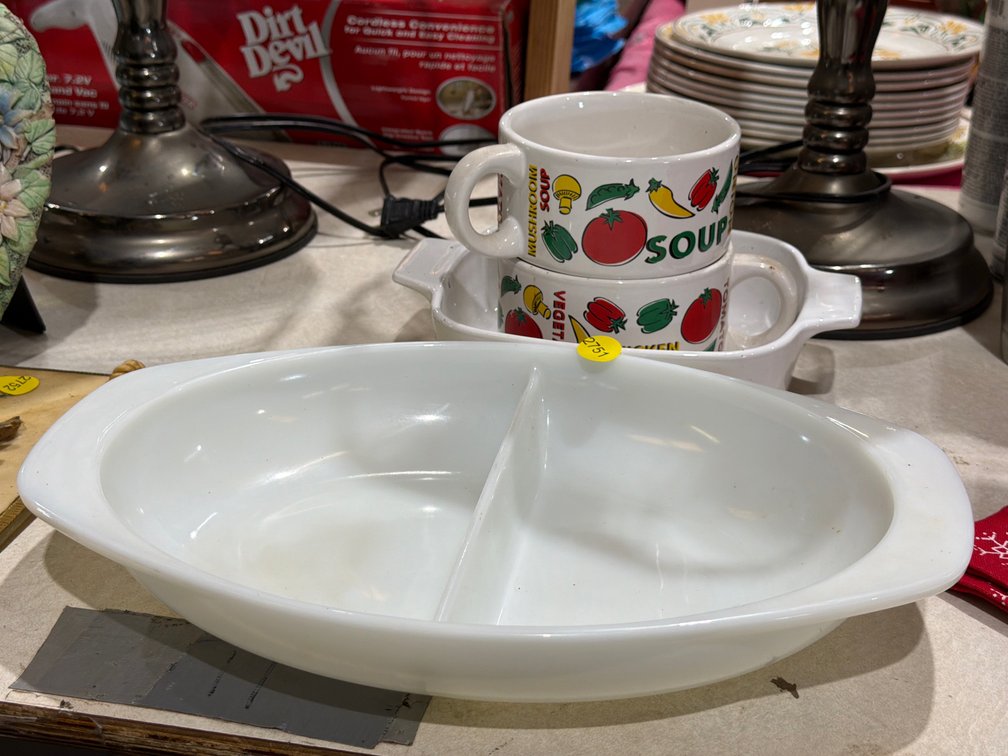 PYREX DIVIDED DISH, SOUP MUGS, CORNING DISH