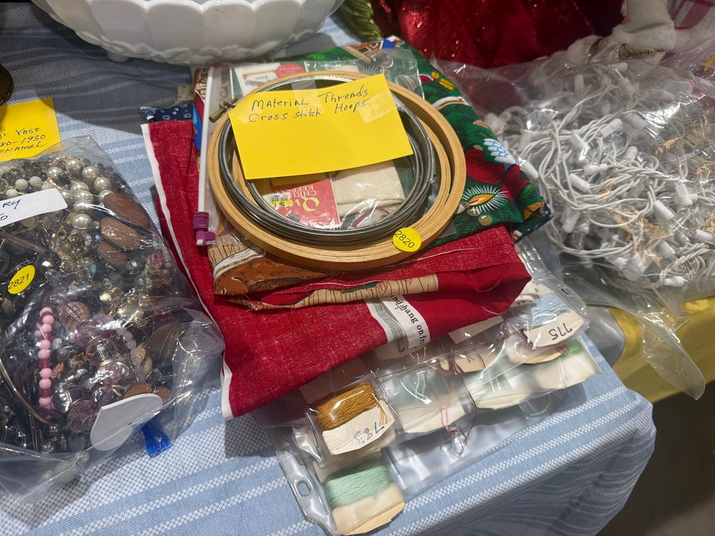 MATERIAL, THREADS, AND CROSS STITCH HOOPS