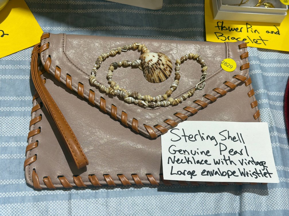 SHELL BECKLACE WITH VINTAGE ENVELOPE WRISTLET
