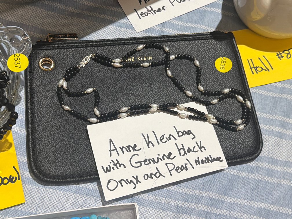 ANNE KLIEN BAG AND ONYX AND PEARL NECKLACE
