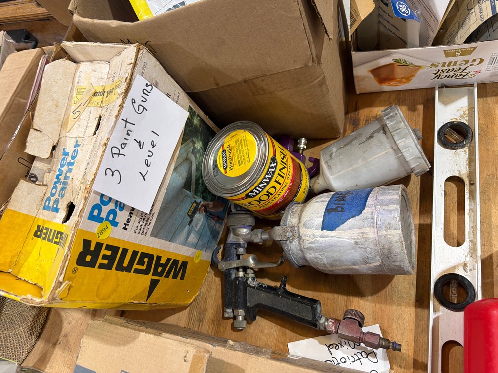 (3) PAINT GUNS, STAIN, LEVEL