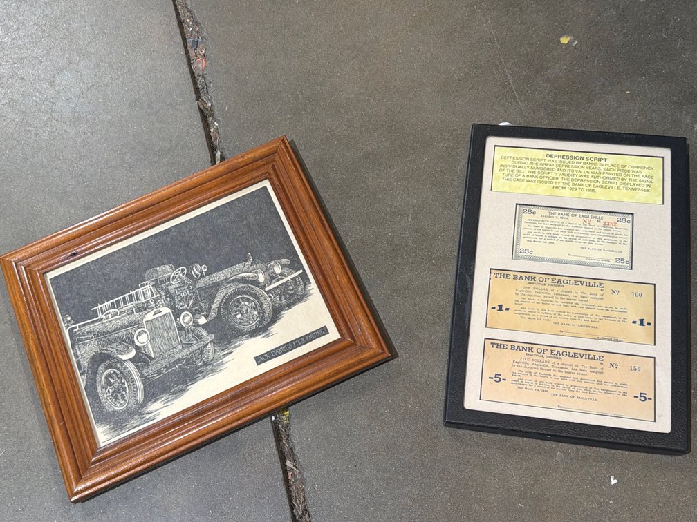 FRAMED JACK DANIEL’S PRINT AND EAGLEVILLE BANK DEPRESSION SCRIPTS