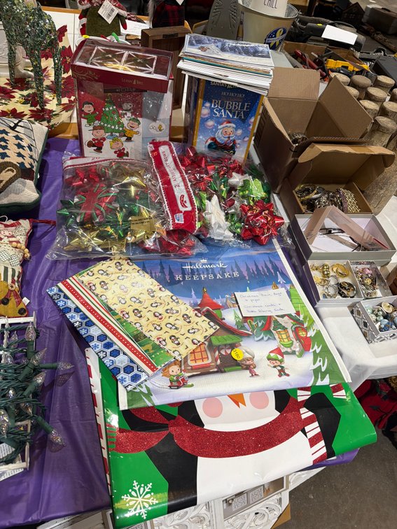CHRISTMAS BOWS, BAGS, CARDS, AND BUBBLE SANTA