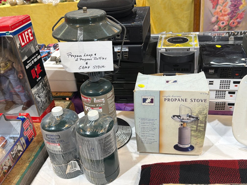 CAMP STOVE , PROPANE LANTERN , PROPANE BOTTLES