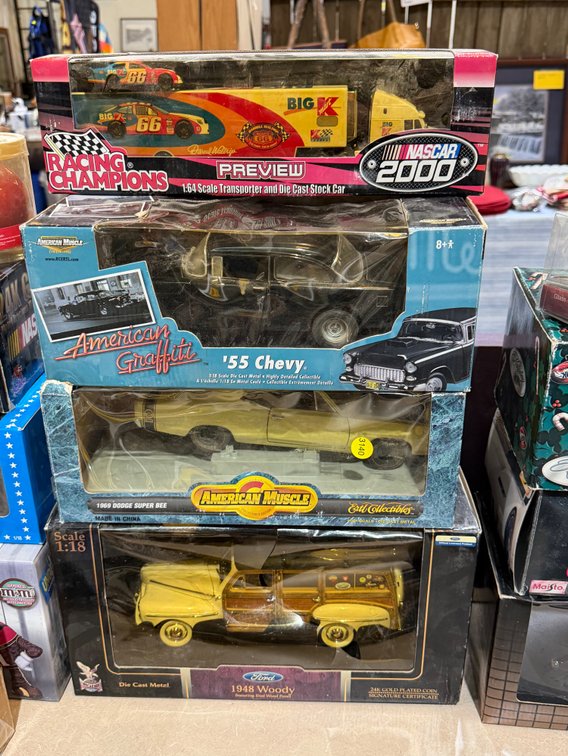 1/18 SCALE MODELS- 1948 WOODY, 69 DODGE SUPER BEE, 55 CHEVY, 1:64 SCALE TRANSPORTER