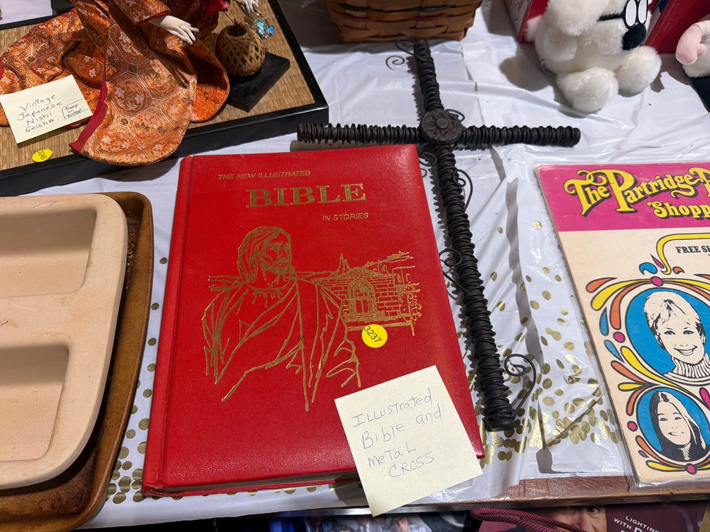 ILLUSTRATED BIBLE AND METAL CROSS