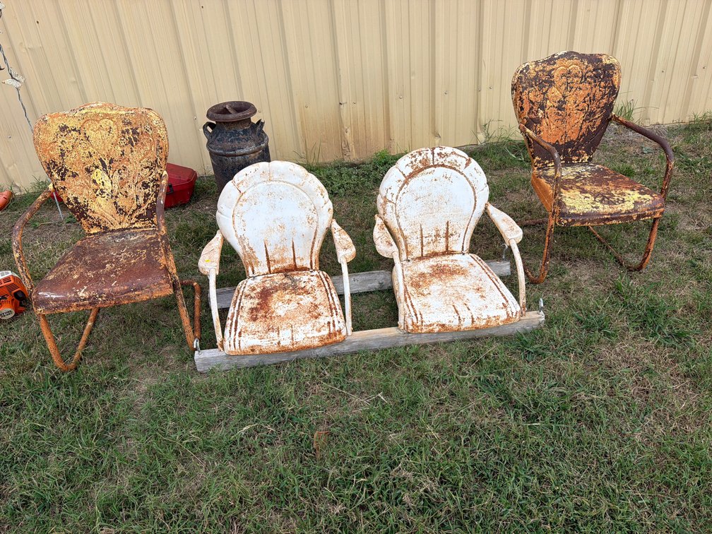 VINTAGE METAL CHAIRS AND SWING
