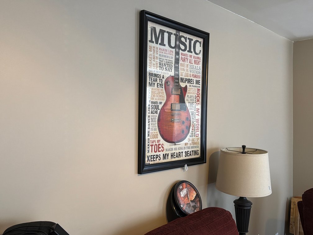FRAMED MUSIC POSTER, (2) CLOCKS