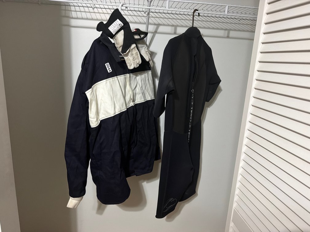 JACKET, GLOVES, AND WET SUIT