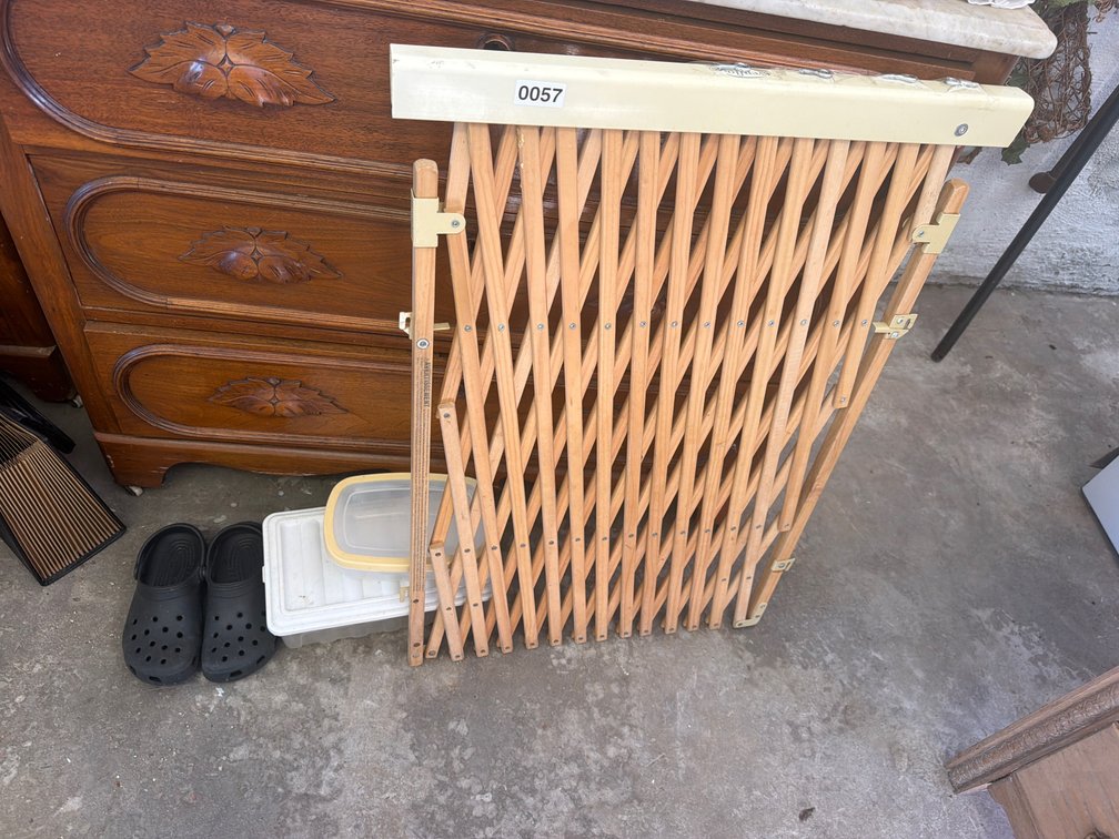 BABY GATE, TWO BOXES, AND CROCS SIZE 5