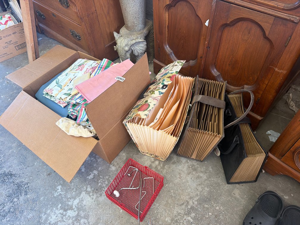 BOX OF FABRIC AND FILE FOLDERS
