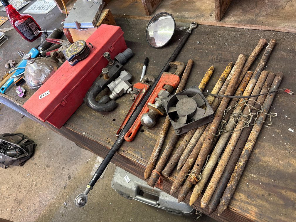 STAKES, PIPE WRENCHES, OILER, VARIOUS TOOLS