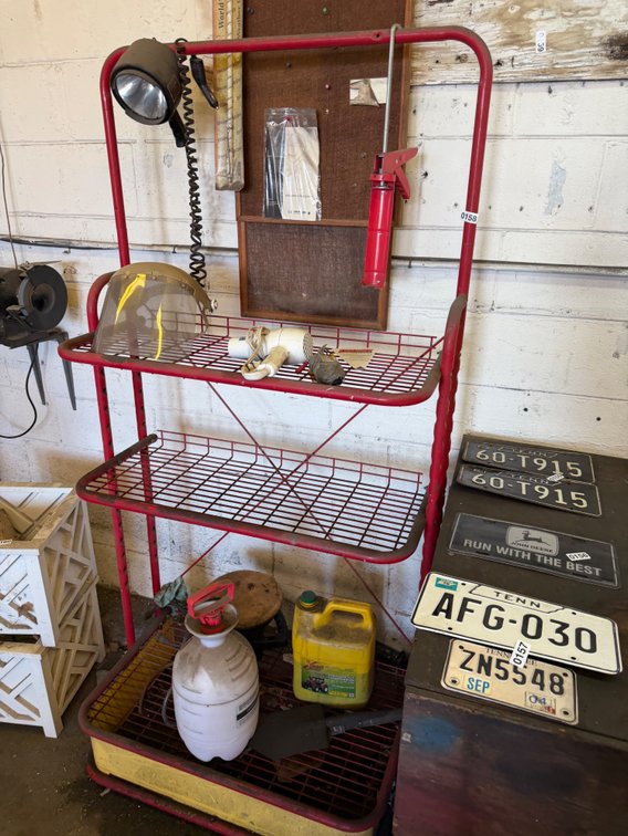 RED METAL RACK & CONTENTS