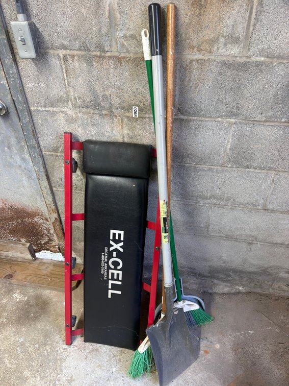 SHOP CREEPER, BROOMS, AND SHOVEL