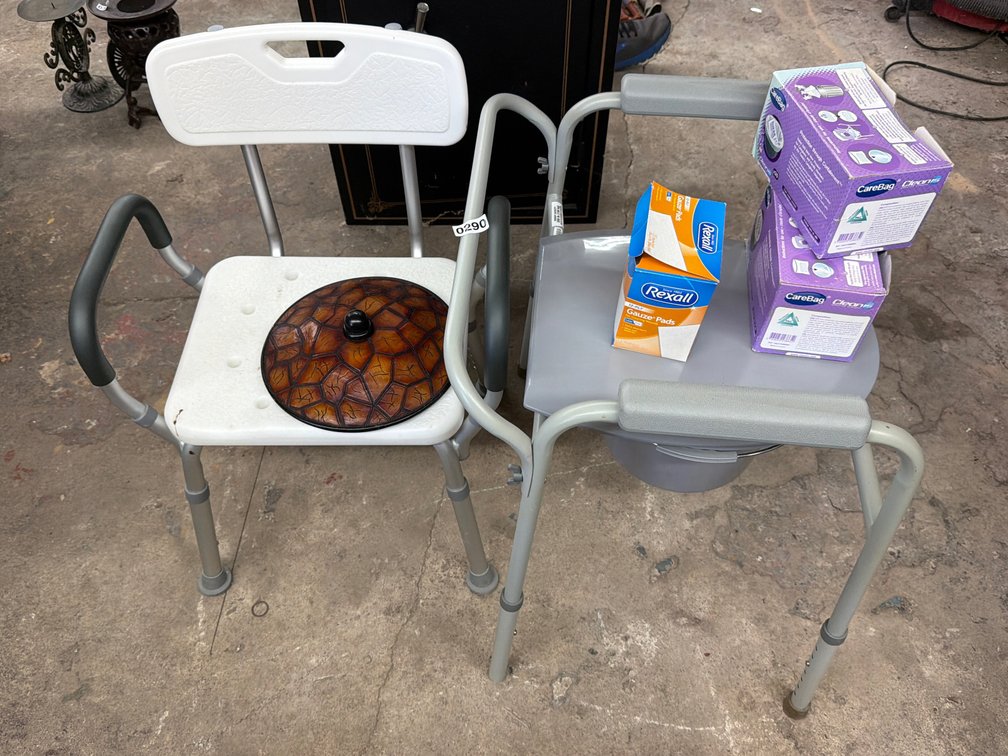 SHOWER CHAIR, BEDSIDE COMMODE, LINERS,, GAUZE PADS