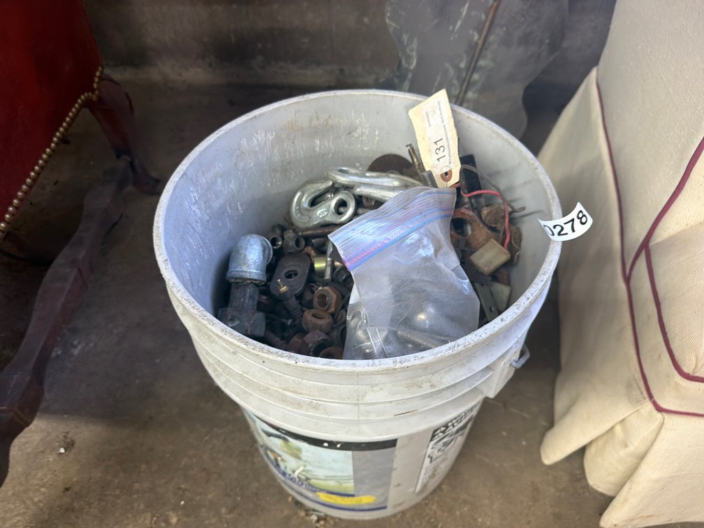 BUCKET OF VARIOUS HARDWARE AND HOOKS