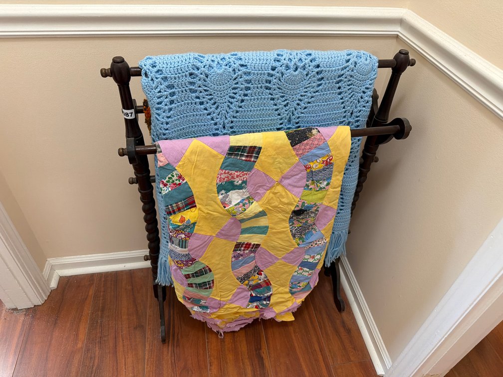 QUILT RACK, (2) AFGHANS, QUILT TOPPER