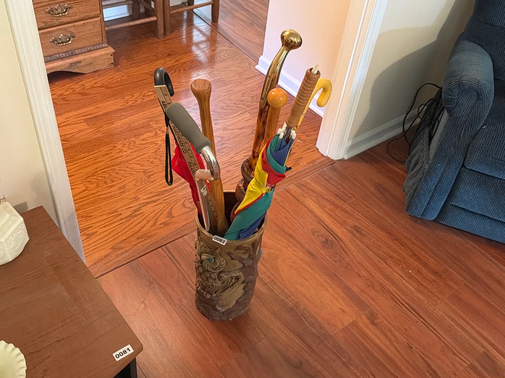 UMBRELLA STAND WITH WALKING STICKS , & UMBRELLAS