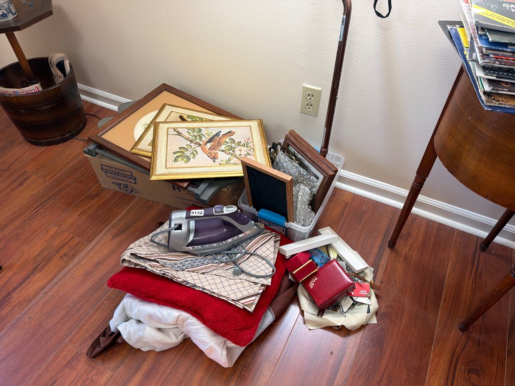 VARIOUS PRINTS, LINENS, IRON, PILLOWS, ETC