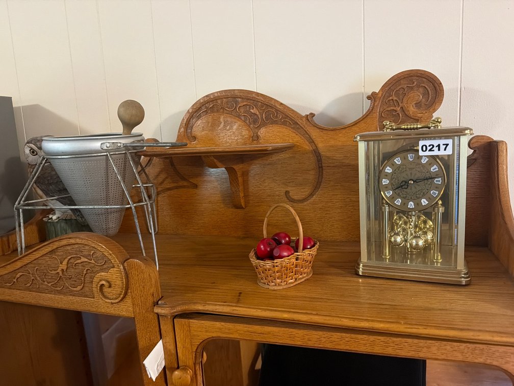 CLOCK, STAINER, APPLE DECOR, AND OWL DECANTER