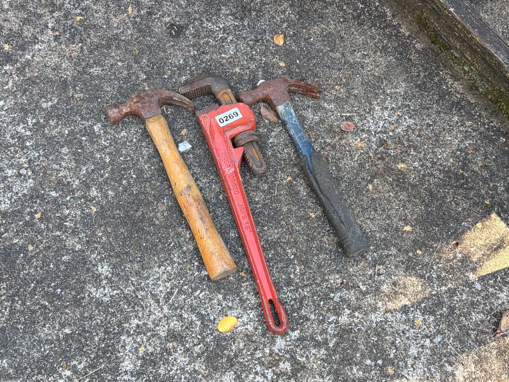 (2) HAMMERS, PIPE WRENCH