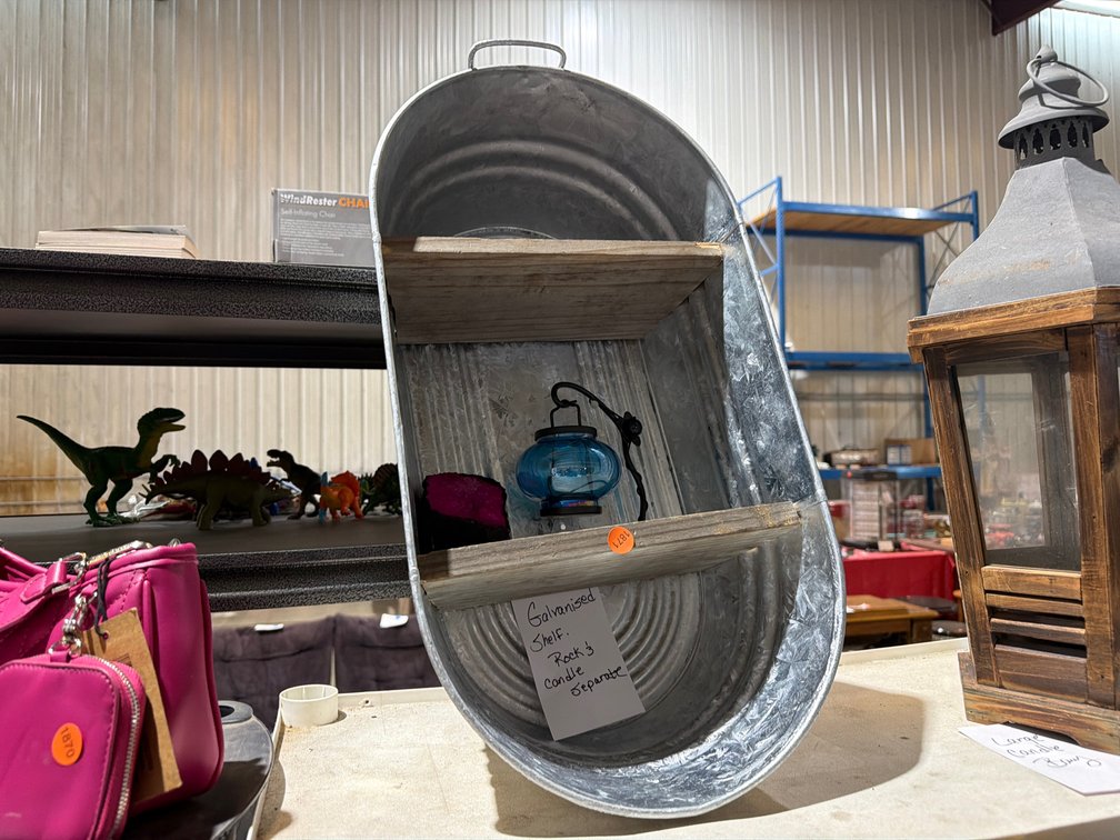 METAL SHELF, ROCK & CANDLE