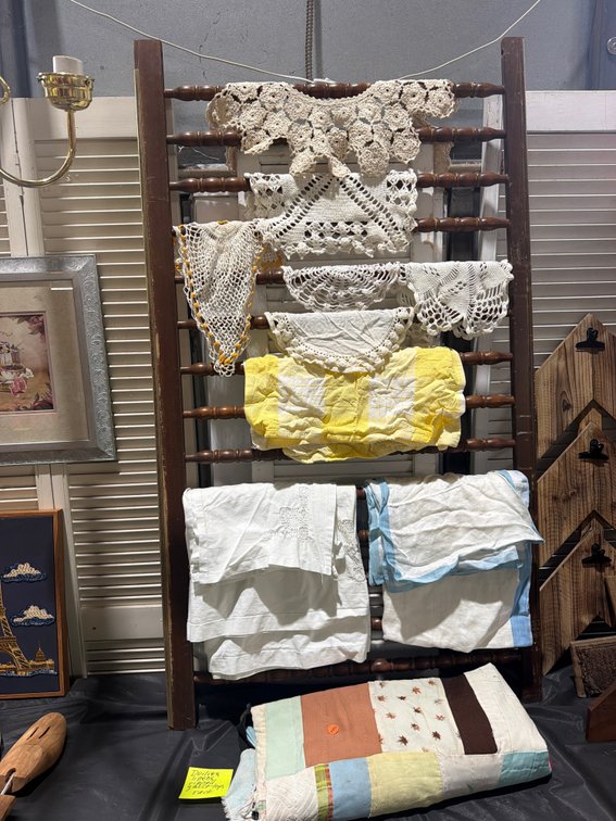 DOILIES, LINENS, RIPPED QUILT TOP, AND RACK