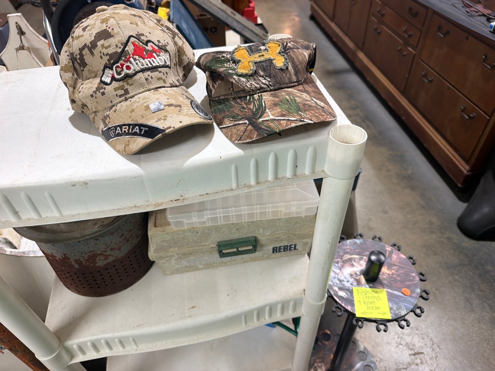 REEL HOLDER, FISHING ITEMS, HATS, AND BOAT HOSE