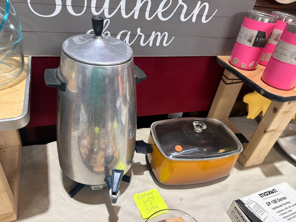 VINTAGE POT, MIRRO-MATIC COFFEE POT, AND SIGN